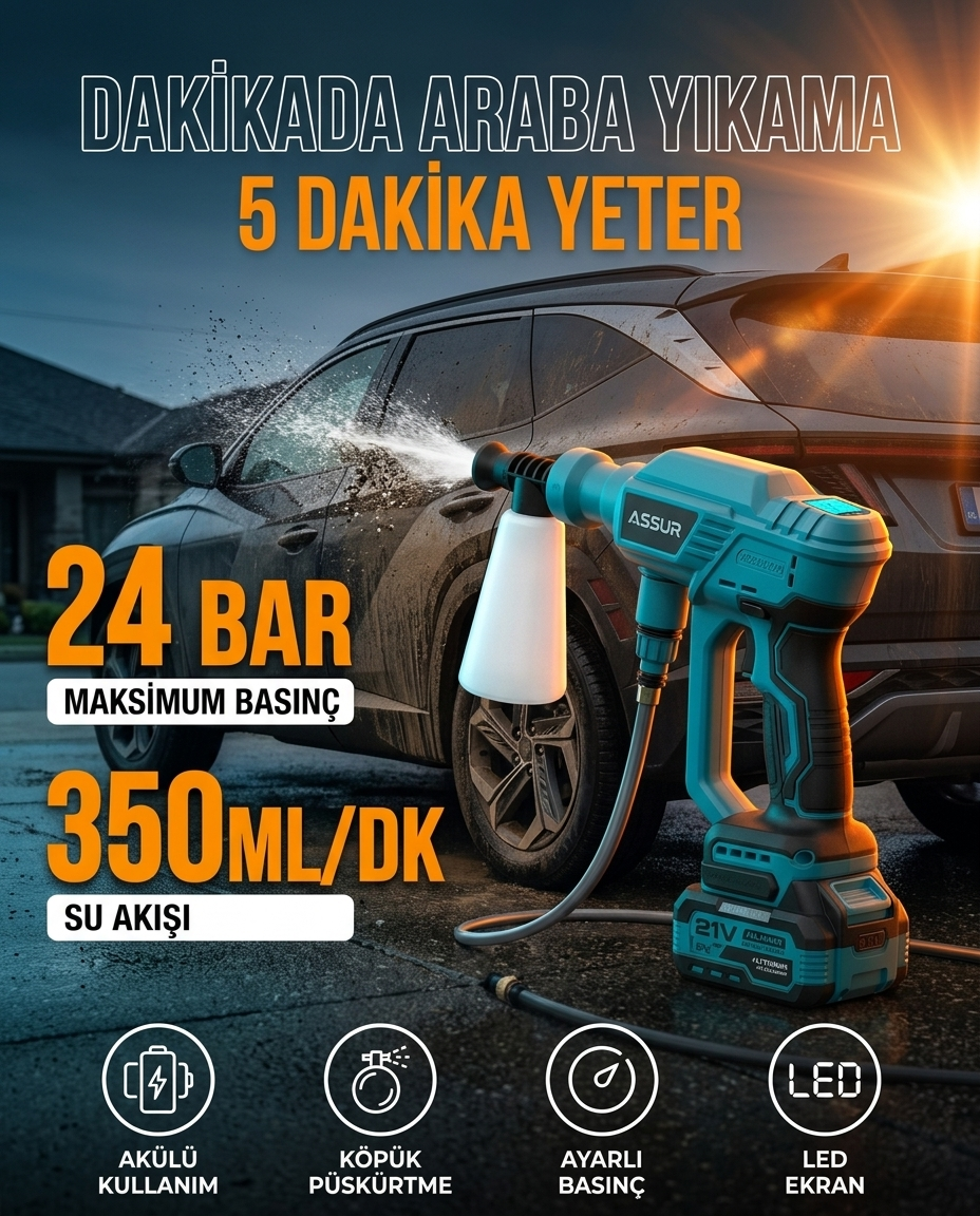 Dakikada araba yıkama — 24 BAR maksimum basınç, 350ml/dk su akışı