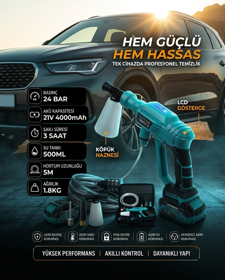 ASSUR teknik özellikler — 24 BAR, 21V 4000mAh, 3 saat şarj süresi, 5M hortum