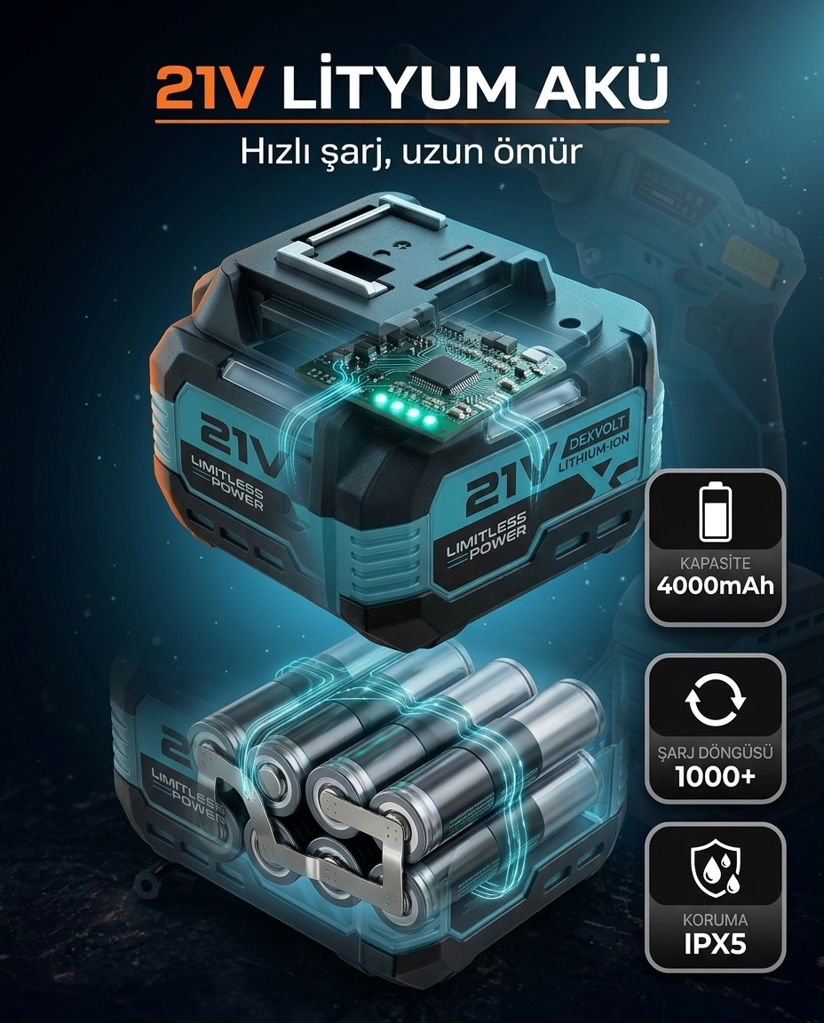 21V Lityum Akü — 4000mAh, 1000+ şarj döngüsü, IPX5 su geçirmez